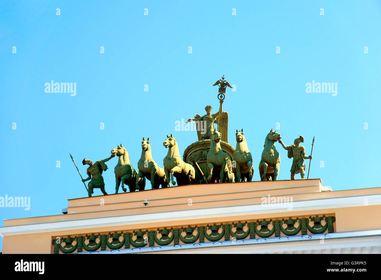 Saint Petersburg Russia. Bronze statue of Winged Victory and chariot on double arch of General Staff Building on Palace Square Stock Photo