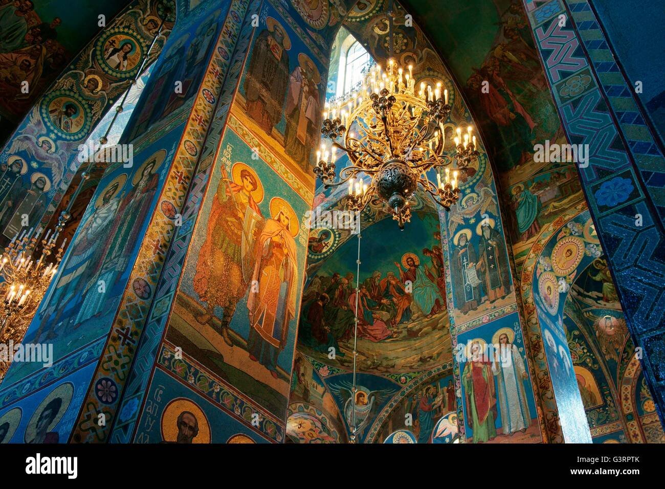 Saint Petersburg Russia. Russian Orthodox Church of the Saviour on Spilled Blood. Interior mosaics beneath the central dome Stock Photo