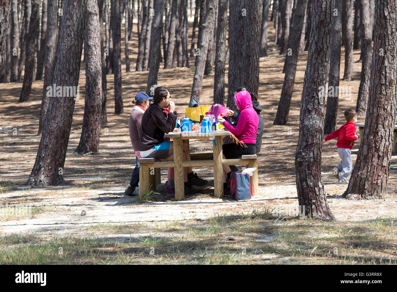 Family at picnic table Le Petit Nice Dune du Pyla Southern France Stock