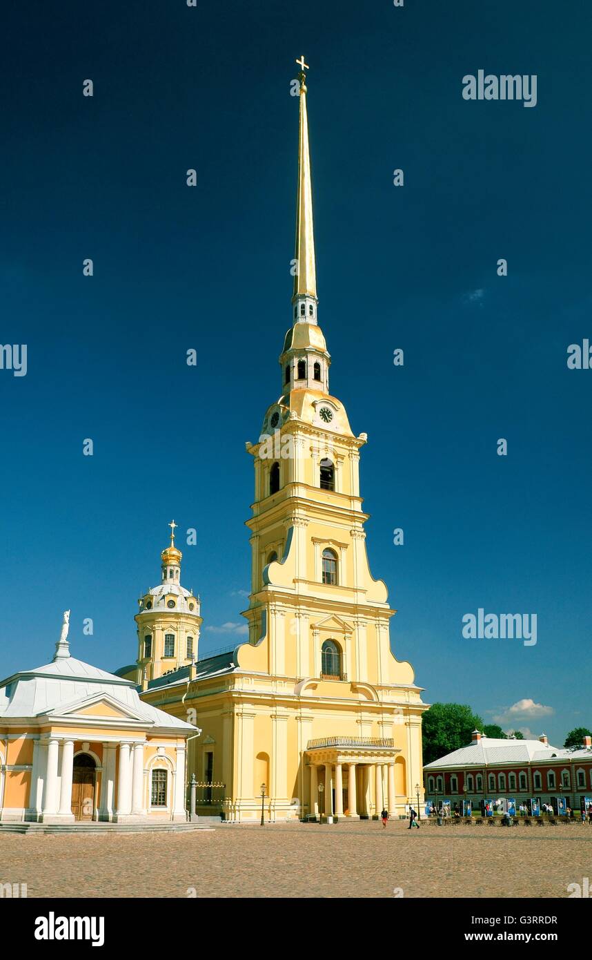 Saint Petersburg Russia. Saints Peter and Paul Cathedral inside the walls of Peter and Paul Fortress on Zayachy Island Stock Photo