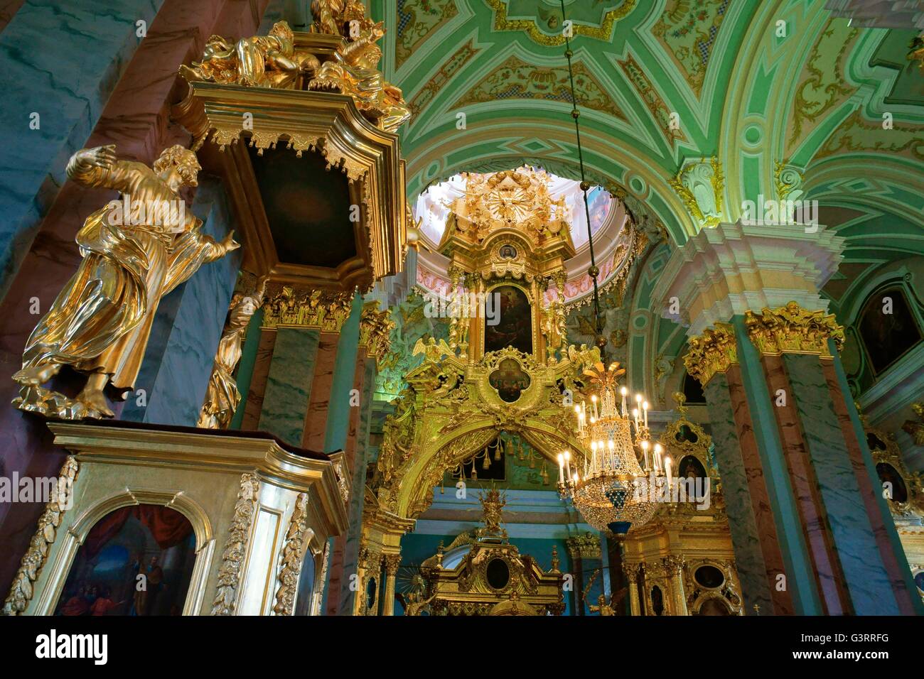 Saint Petersburg Russia. Saints Peter and Paul Cathedral showing pulpit. The iconostasis rises before the sactuary into the dome Stock Photo