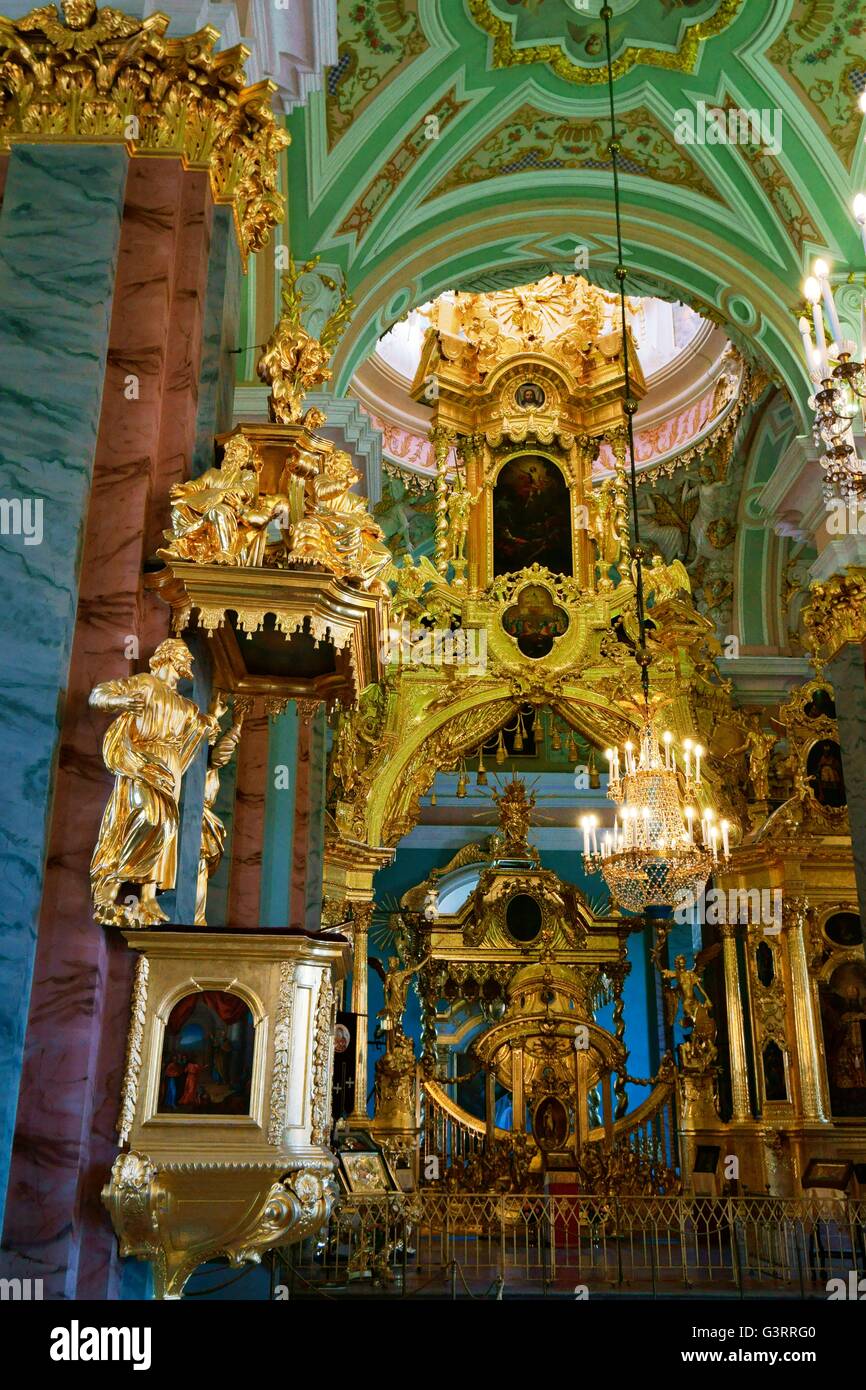 Saint Petersburg Russia. Saints Peter and Paul Cathedral showing pulpit. The iconostasis rises before the sactuary into the dome Stock Photo