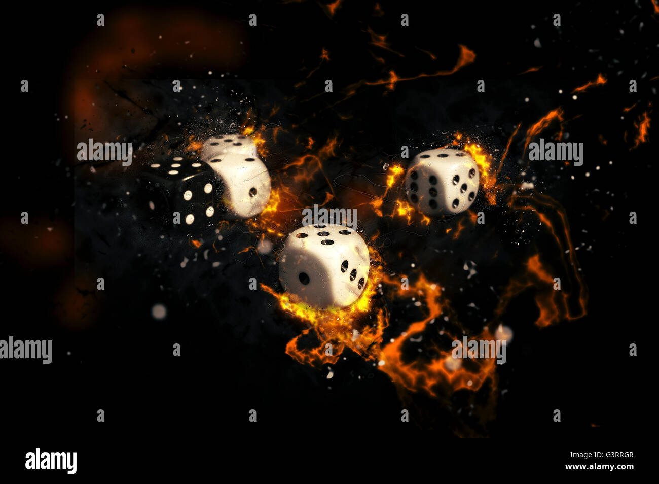 White and black gambling dices on fire. Stock Photo