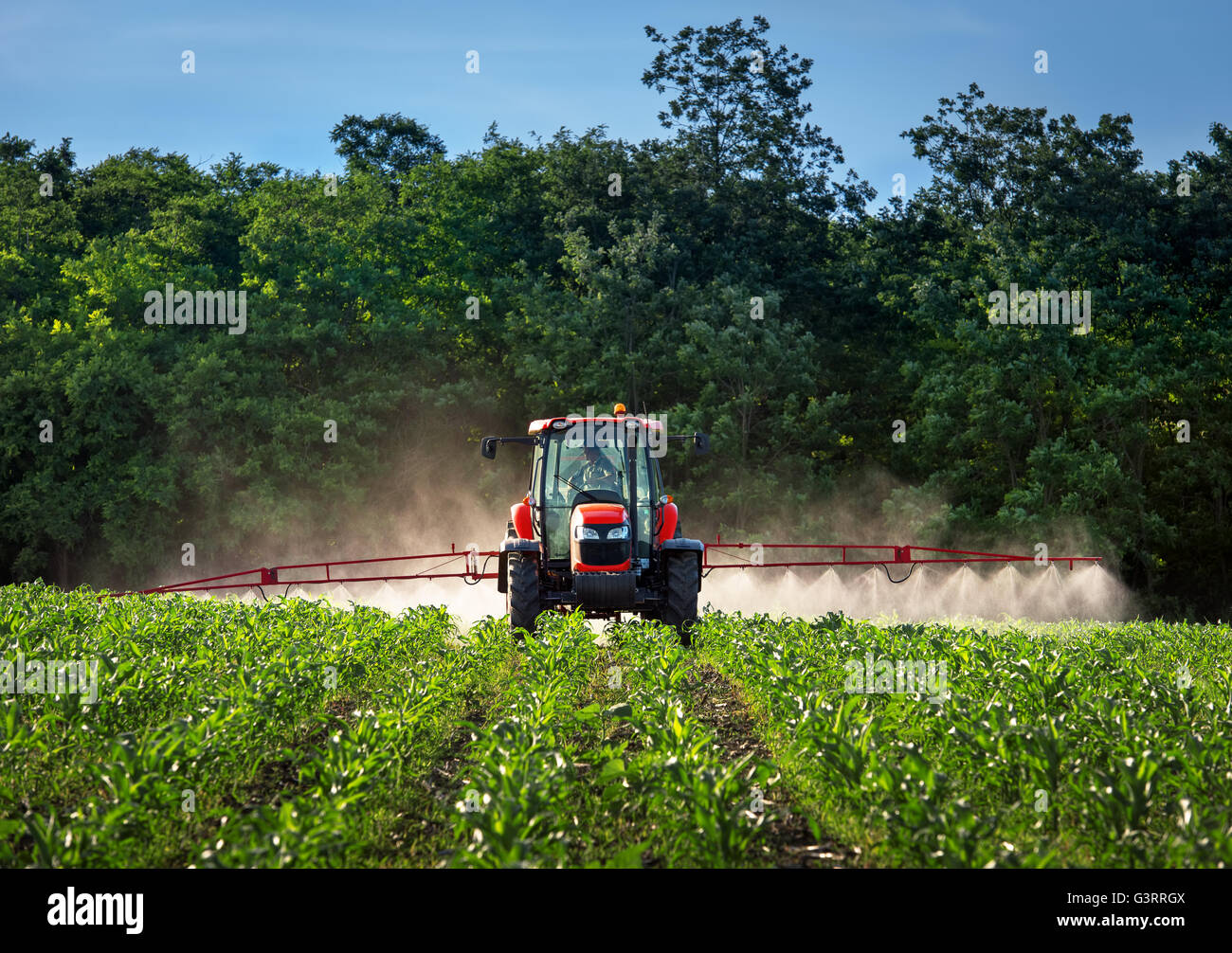 Farm machinery spraying at insecticide. Stock Photo