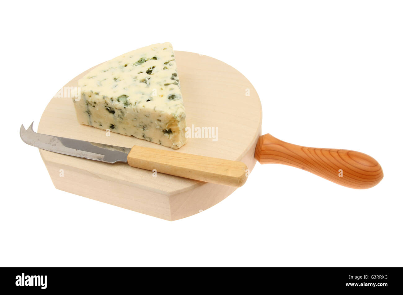 Wedge of Danish blue cheese with a cheese knife on a board isolated against white Stock Photo