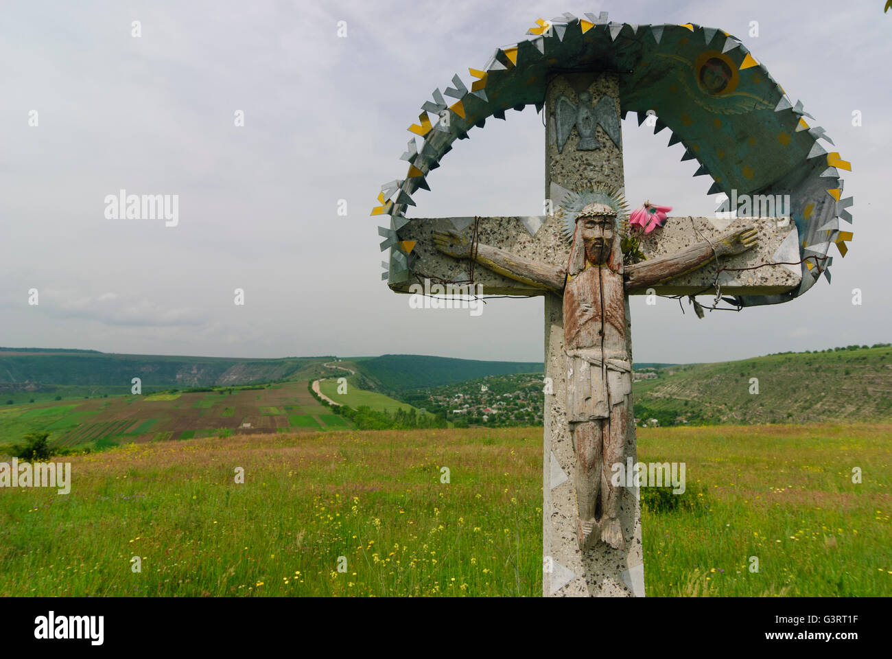 Wayside cross on Orthodox Monastery of the Caves Orheiul Vechi on Raut River, Moldova, , , Orheiul Vechi Stock Photo