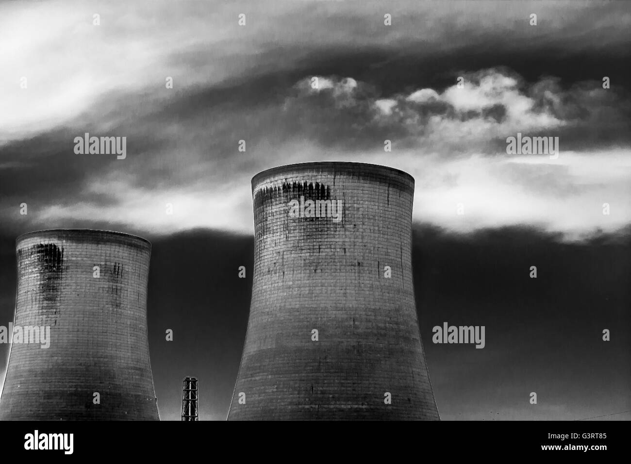 Power Station cooling towers in black and white Stock Photo