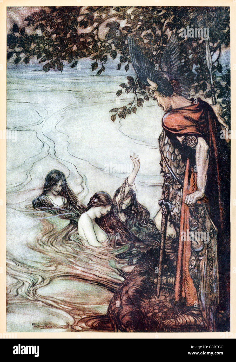 “Though gaily ye may laugh, In grief ye shall be left, For, mocking maids, this ring Ye ask shall never be yours” from 'Siegfried & The Twilight of the Gods' illustrated by Arthur Rackham (1867-1939). See description for more information. Stock Photo
