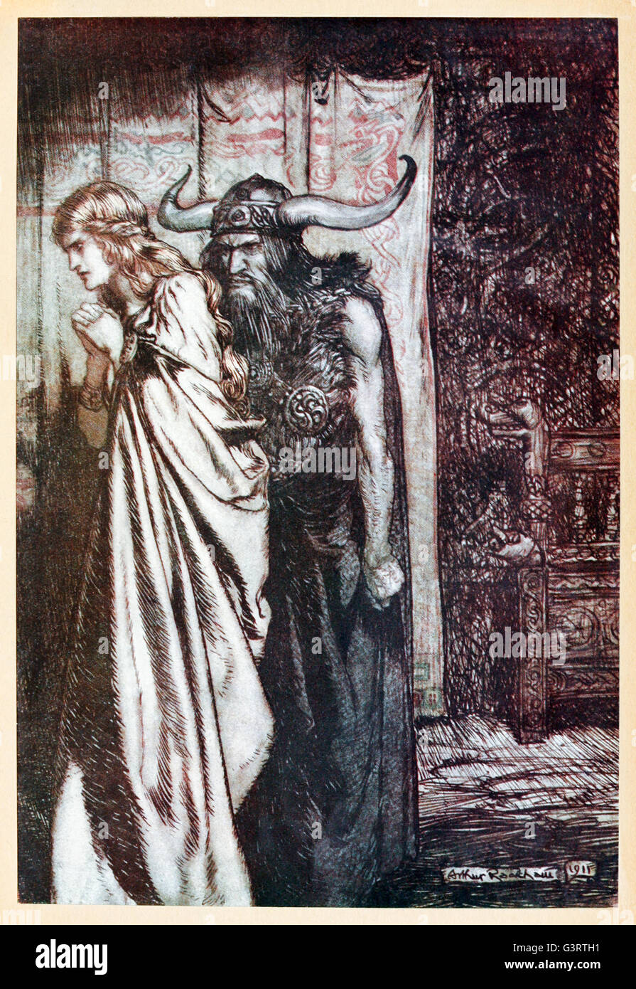 “O wife betrayed, I will avenge Thy trust deceived”” from 'Siegfried & The Twilight of the Gods' illustrated by Arthur Rackham (1867-1939). See description for more information. Stock Photo