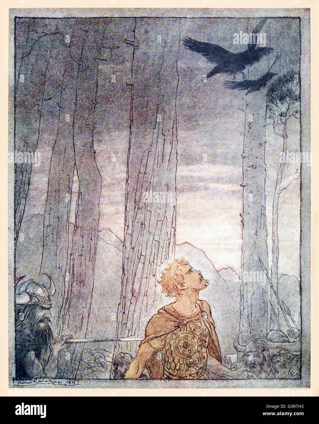 “Siegfried’s death” from 'Siegfried & The Twilight of the Gods' illustrated by Arthur Rackham (1867-1939). Hagen stabs Siegfried in the back with his spear as Wotan's ravens fly overhead. See description for more information. Stock Photo