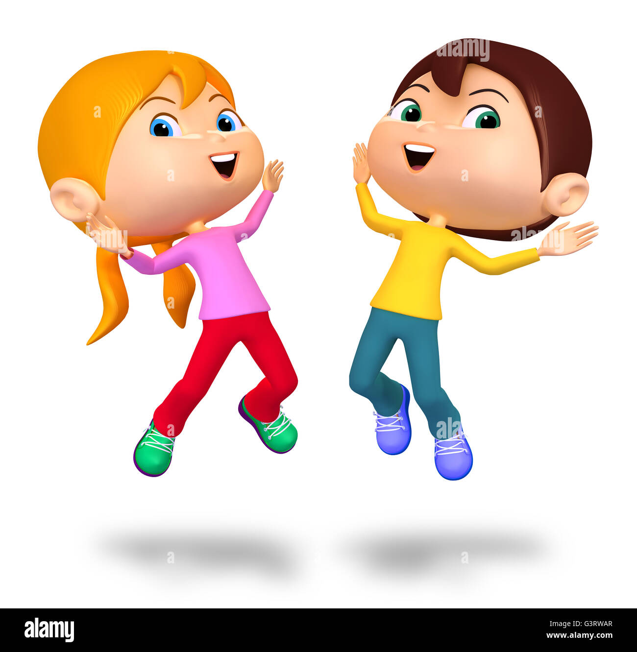 Happy Boy and Girl Jumping Up - 3D illustration Stock Photo - Alamy