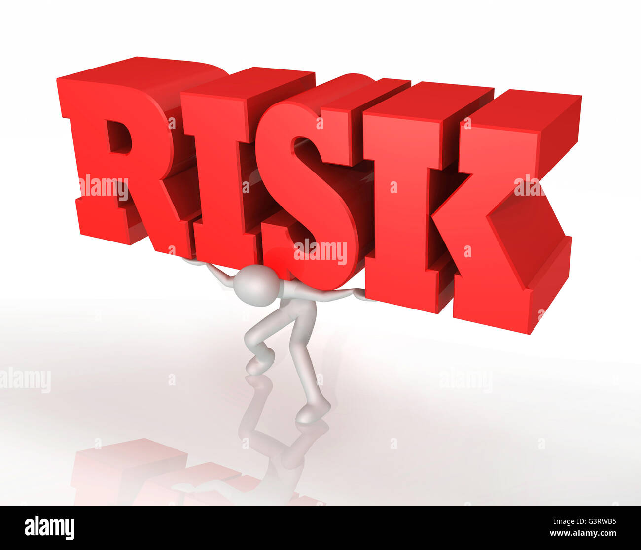 Man icon holding the word risk on his shoulders - 3d illustration Stock Photo