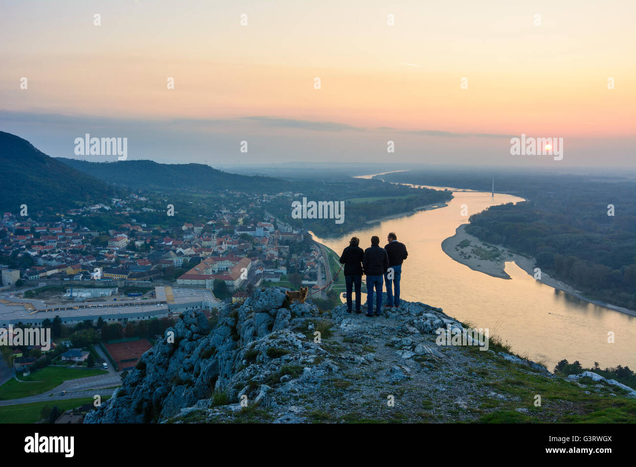 Braunsberg , overlooking Hainburg , the Danube and the Donauauen National Park at sunset, Austria, Niederösterreich, Lower Austr Stock Photo