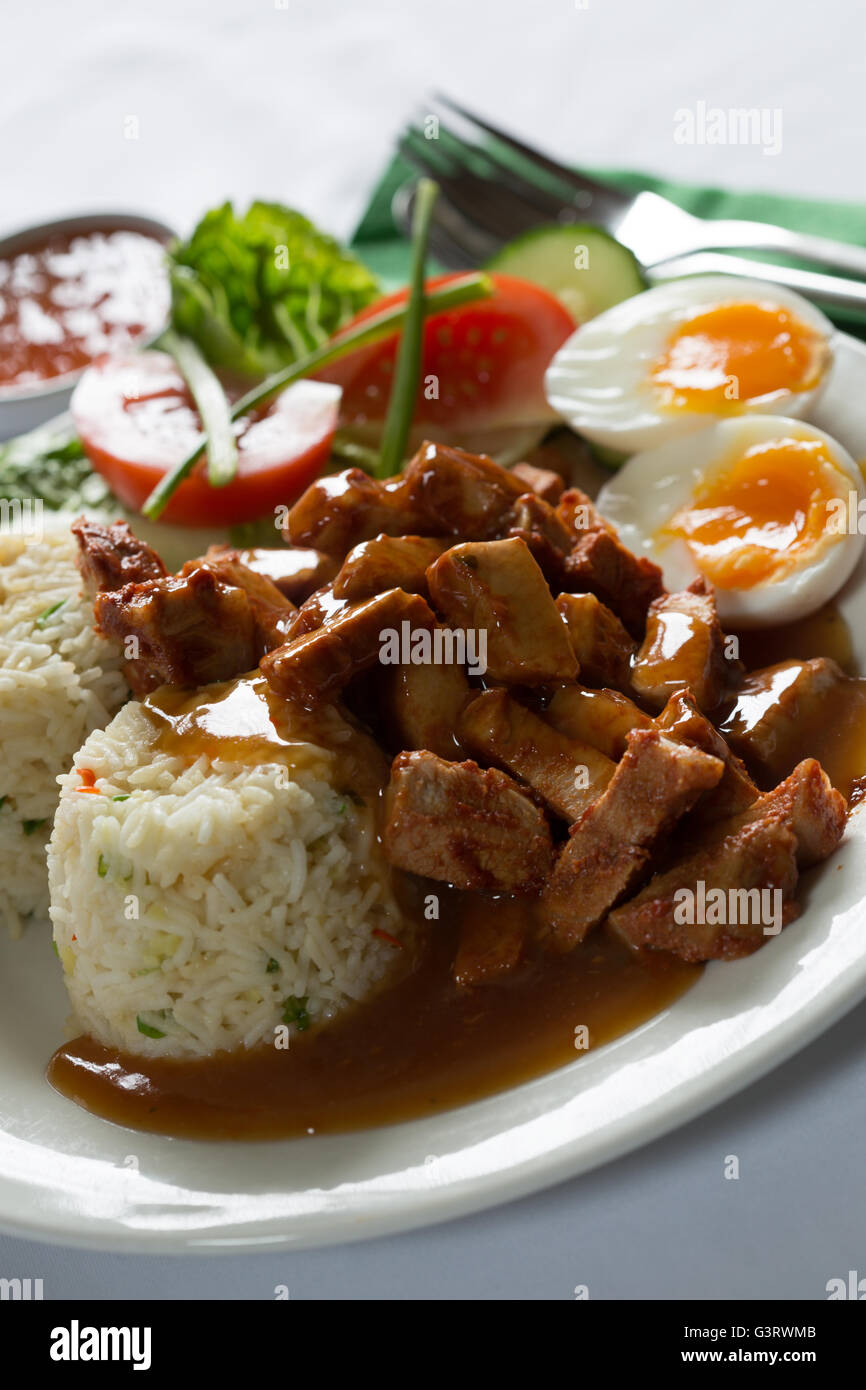 A traditional Thai dish of BBQ Pork with Rice (khao moo daeng) served with a side salad and soft boiled egg. Stock Photo