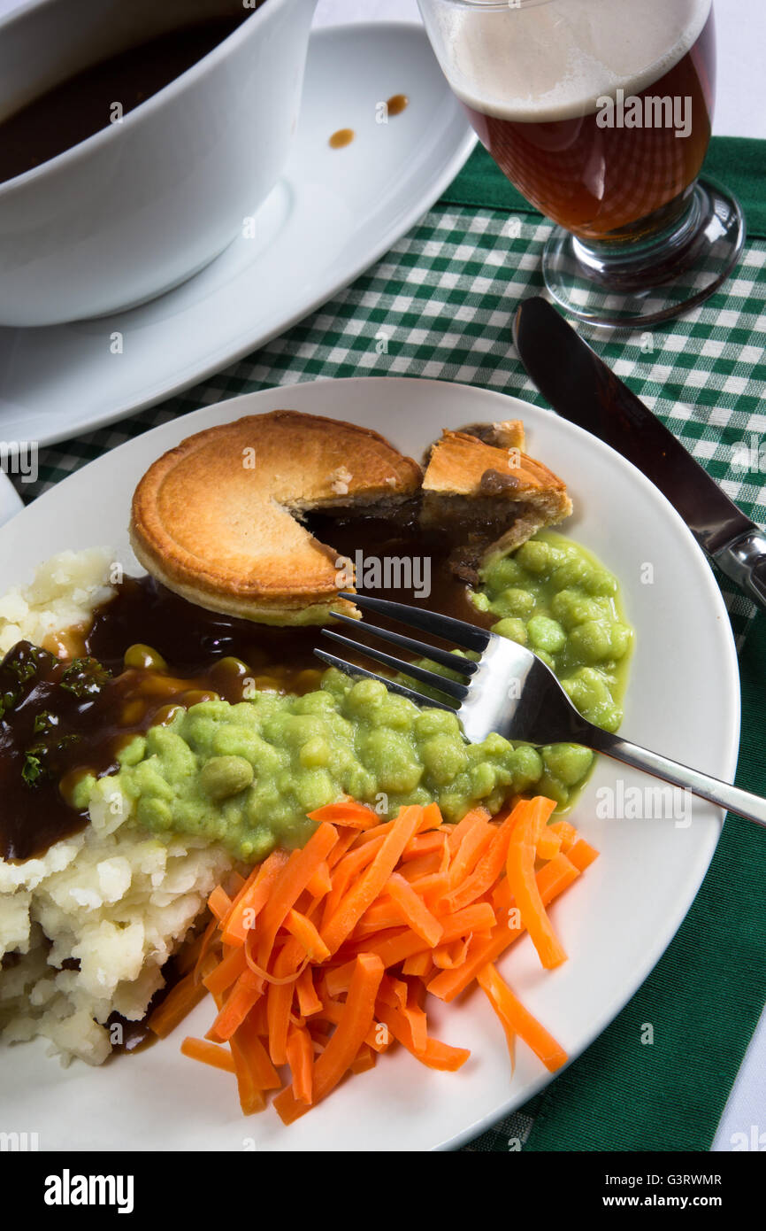 A classic traditional English dish of Steak Pie, Mashed Potato, Mushy