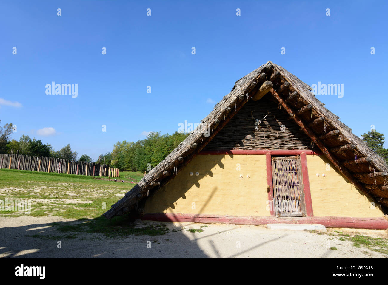 Replica Neolithic village and ring ditch, Austria, Niederösterreich, Lower Austria, Weinviertel, Heldenberg Stock Photo