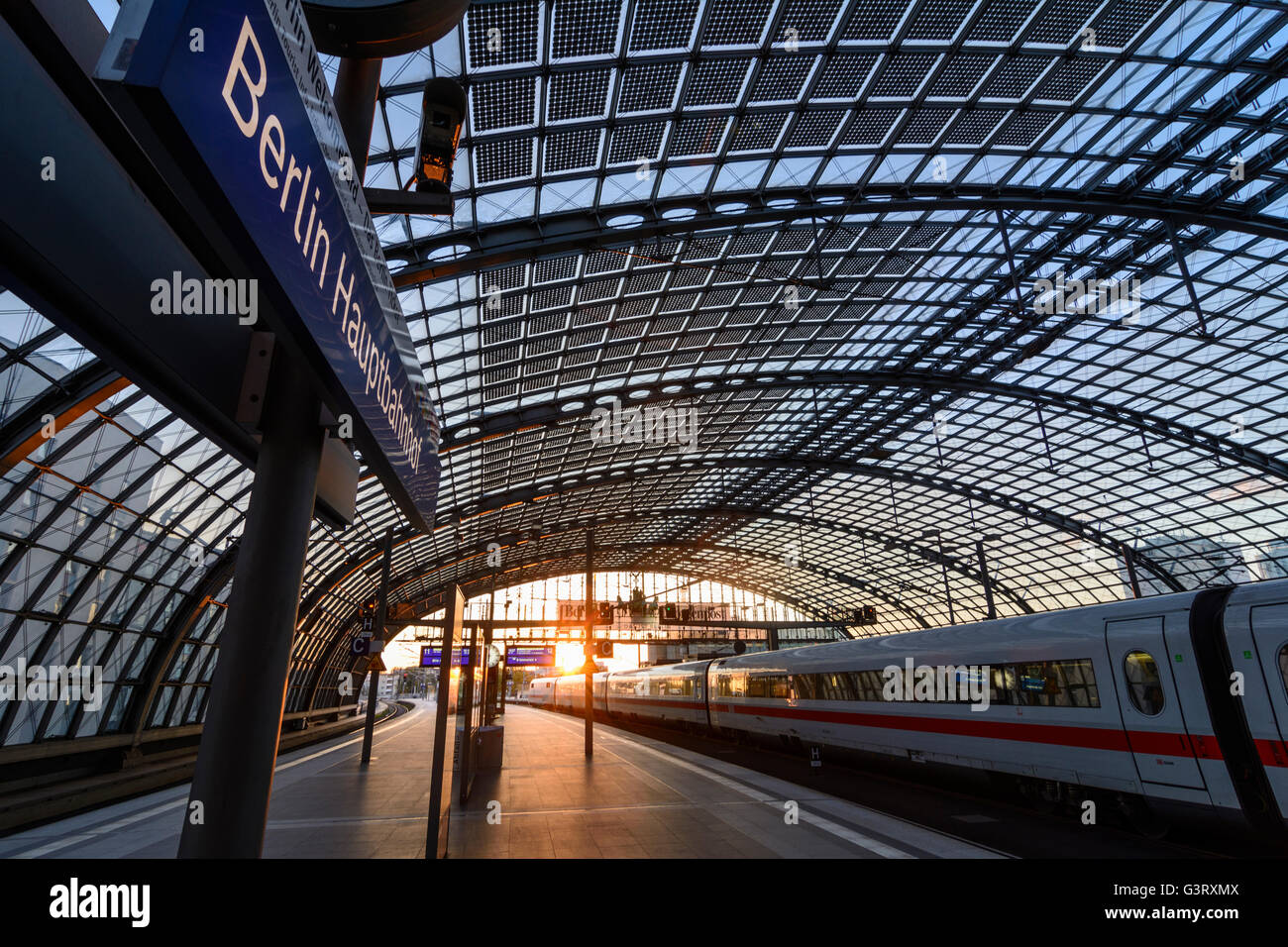 station Berlin Hauptbahnhof of DB AG, ICE Inter City Express, sunset, Germany, Berlin, , Berlin Stock Photo