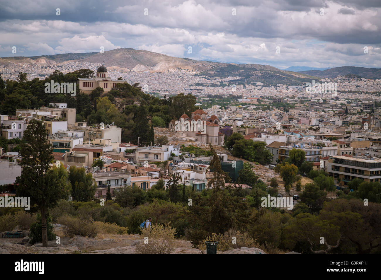 A hilltop view of Athens from the top of Aeropagus Hill, looking down towards the center and eastern suburbs of the city. Stock Photo