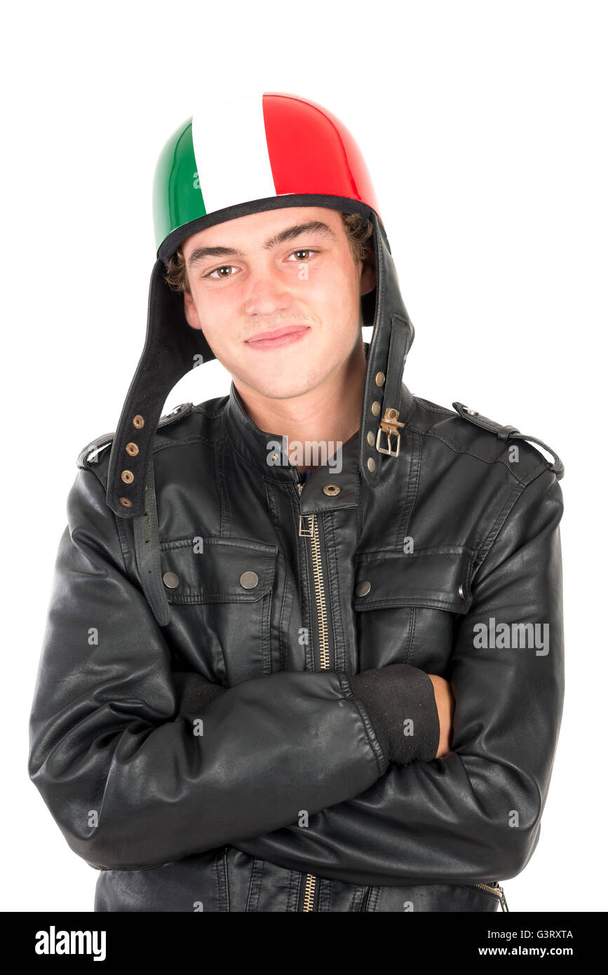 Teenager boy with helmet isolated in white Stock Photo Alamy