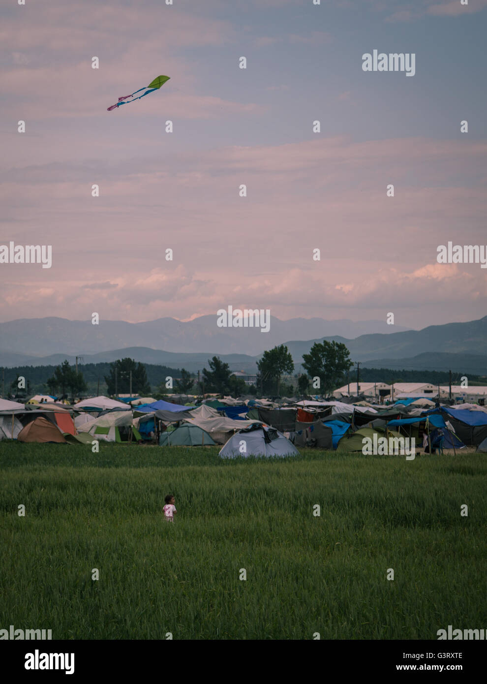 A young Syrian refugee child flies a kite in the fields of Idomeni refugee camp in Greece, near the Macedonian border. Stock Photo