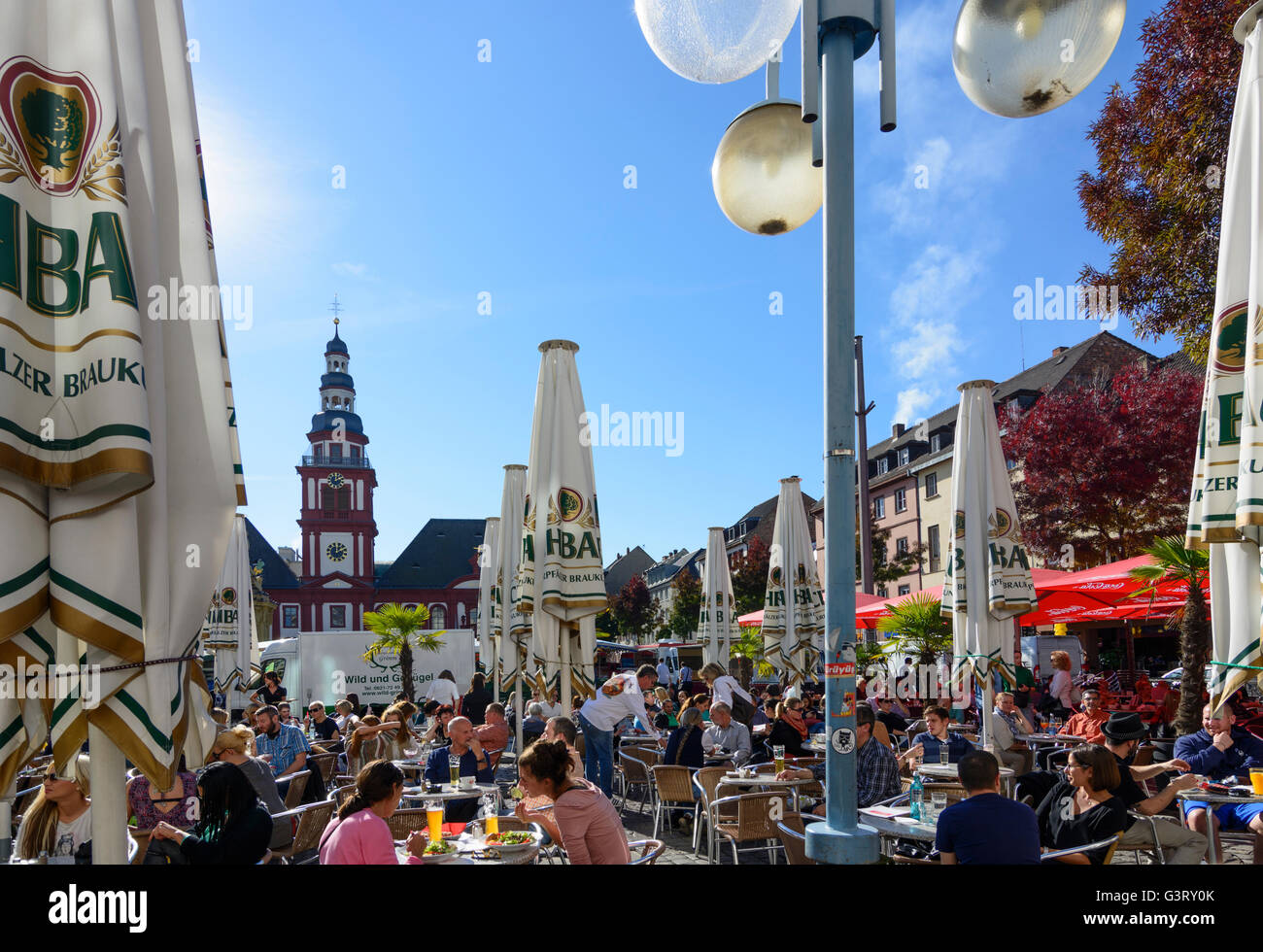 Market Square with Old Town Hall and Church of St. Sebastian and outdoor restaurant, Germany, Baden-Württemberg, Kurpfalz, Mannh Stock Photo