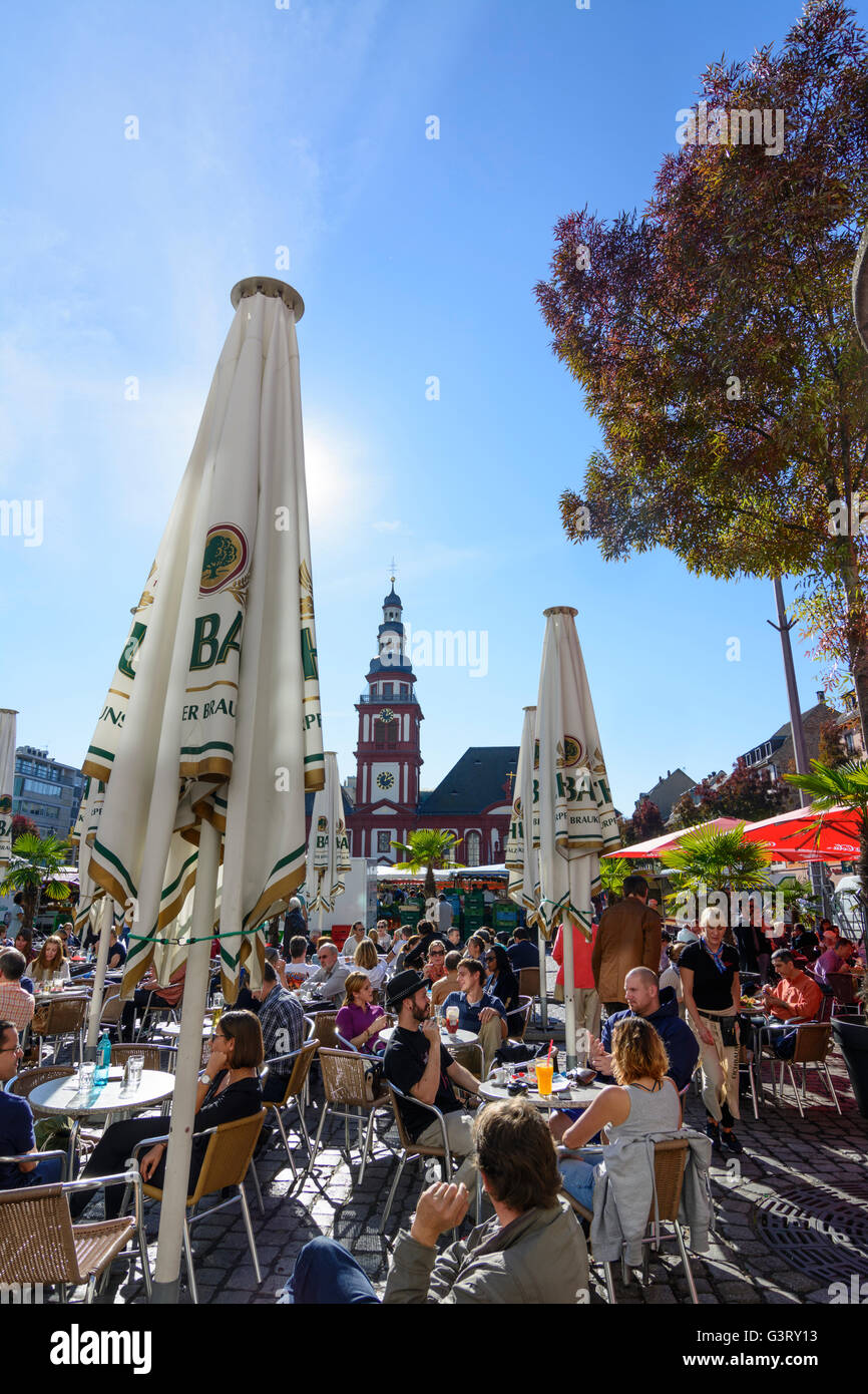 Market Square with Old Town Hall and Church of St. Sebastian and outdoor restaurant, Germany, Baden-Württemberg, Kurpfalz, Mannh Stock Photo