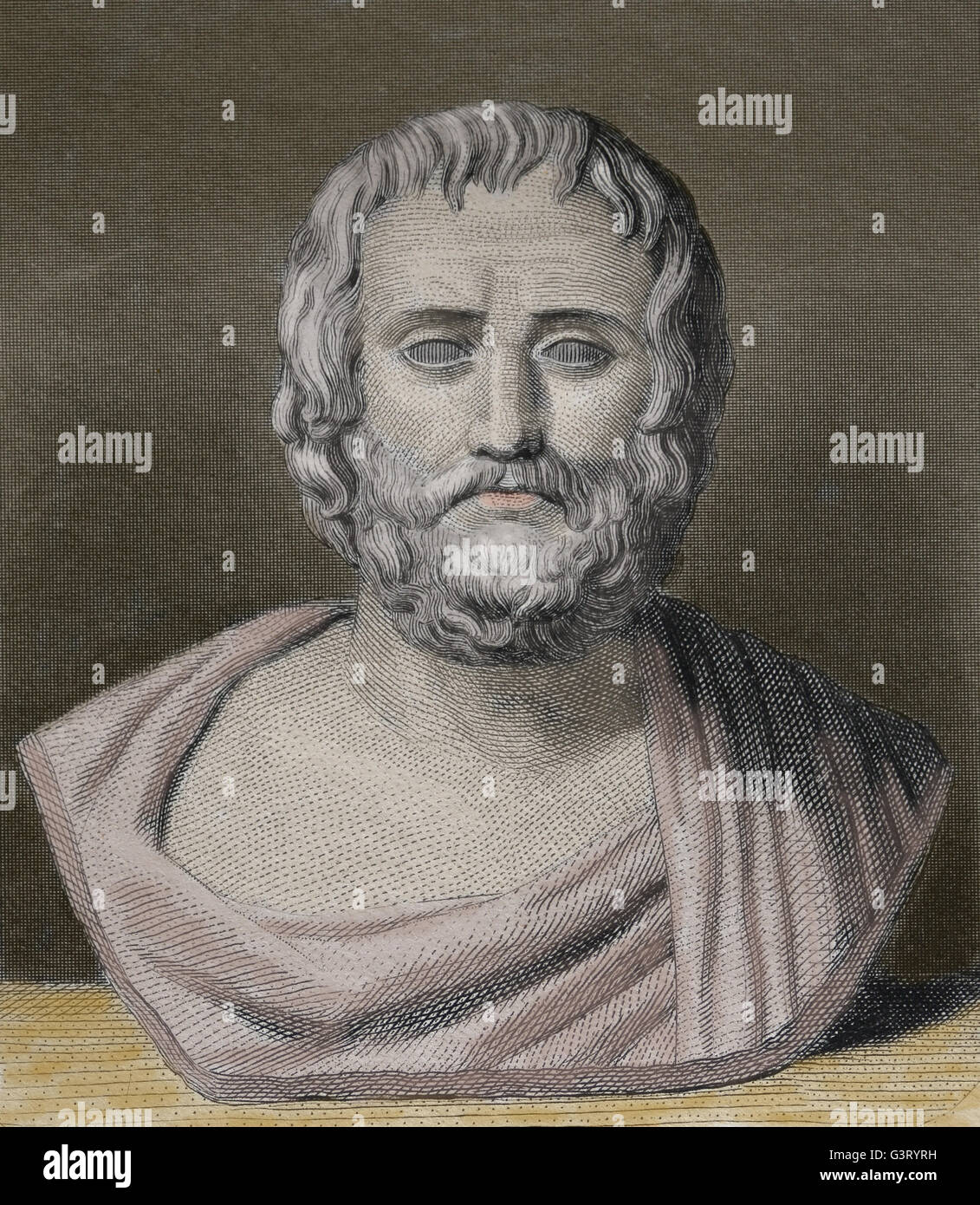 Euripides (c. 480-c.406 BC). Tragedian of classical Athens.  Portrait. Engraving, 19th c. Color. Stock Photo