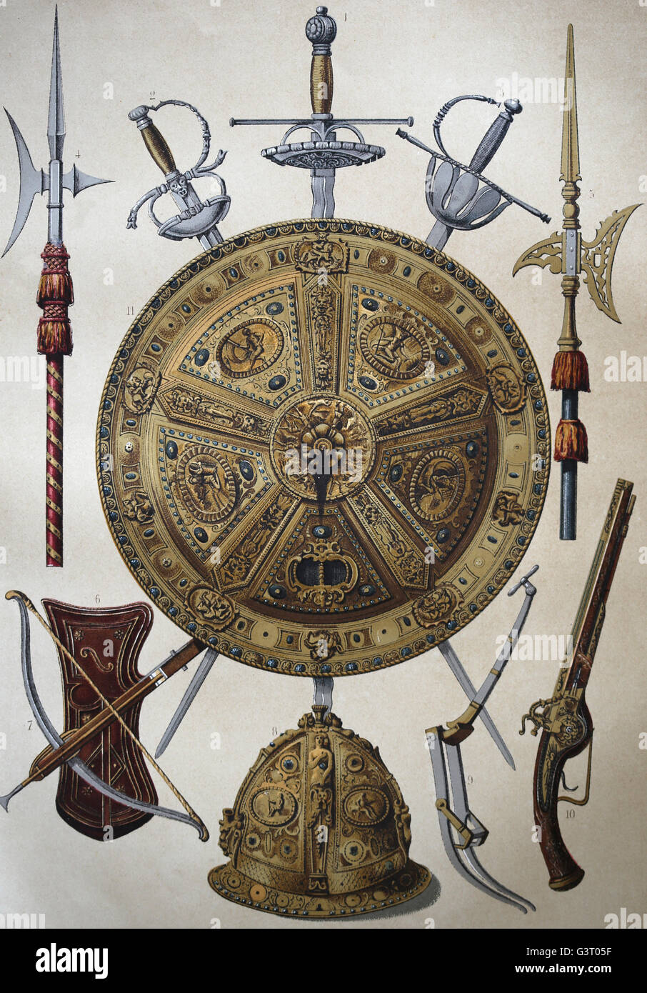 Weapons. 17th century. Europe. Halberds, swords, crossbow, pistol and shield. Engraving, 19th century.  General History of Spain Stock Photo