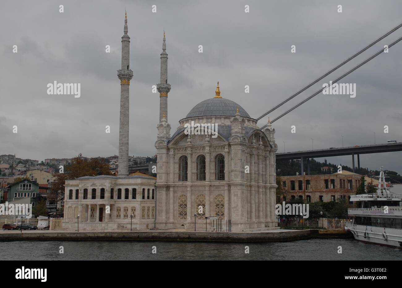 Historic Ortakoy Mosque at the Bosphorus Coast Stock Photo