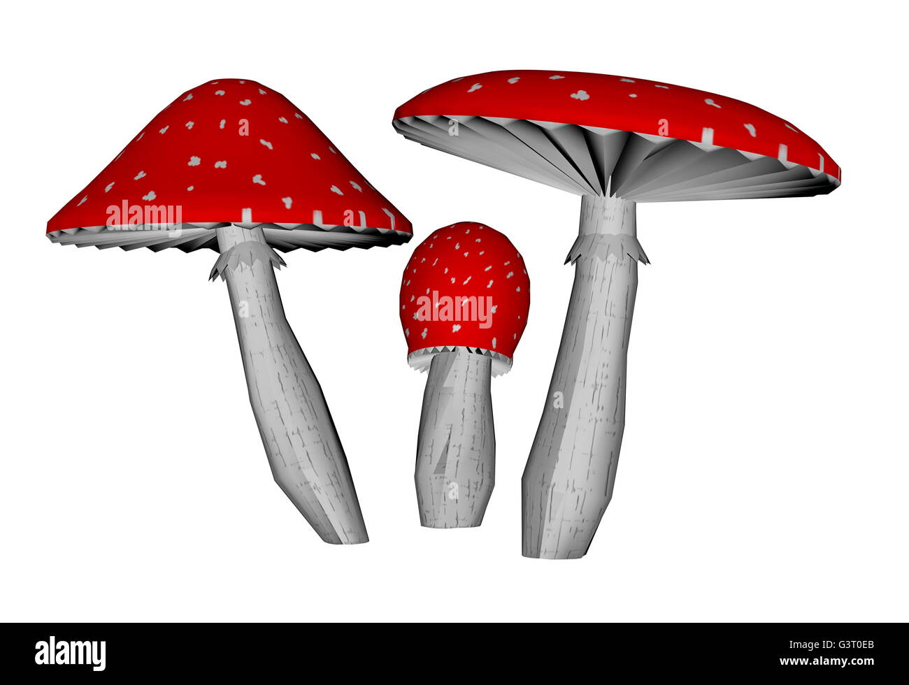 Red amanita muscaria mushrooms isolated in white background - 3D render Stock Photo