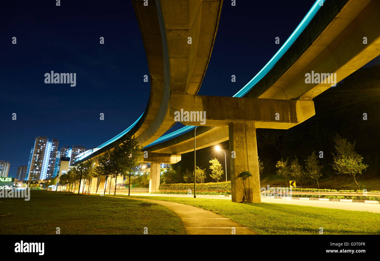 light trail highway and bridge at night Stock Photo