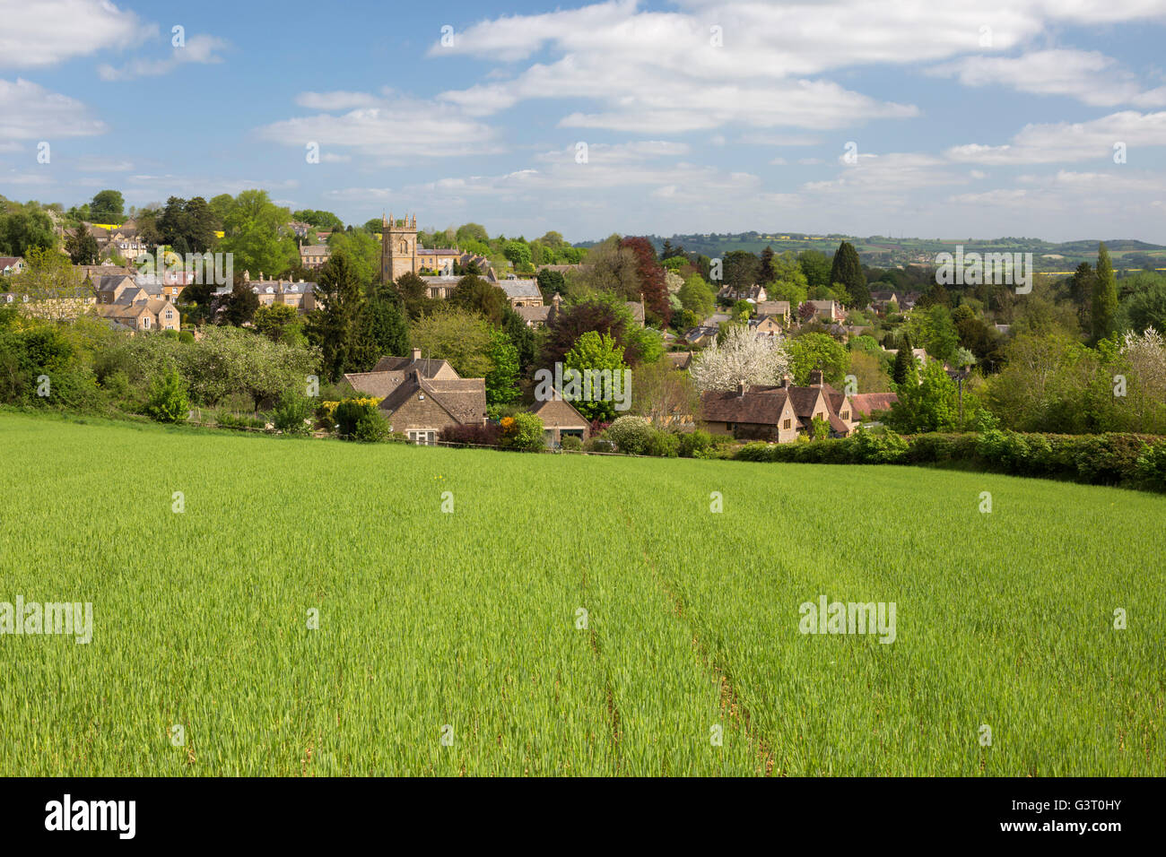 View over Cotswold village where TV series Father Brown is filmed, Blockley, Cotswolds, Gloucestershire, England, United Kingdom, Europe Stock Photo
