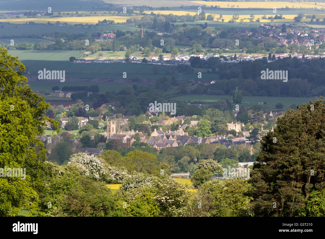 View over Broadway from Broadway Tower, Broadway, Cotswolds, Worcestershire, England, United Kingdom, Europe Stock Photo
