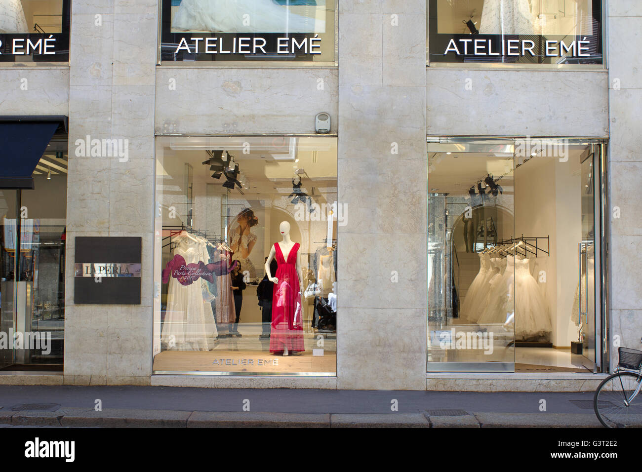 Atelier Emé high bridal fashion shopping windows in Milano fashion district, Via Alessandro Manzoni Stock Photo