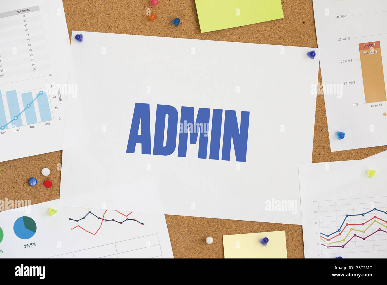 Charts and Graphs Showing the Results with ADMIN word written paper on corkboard Stock Photo