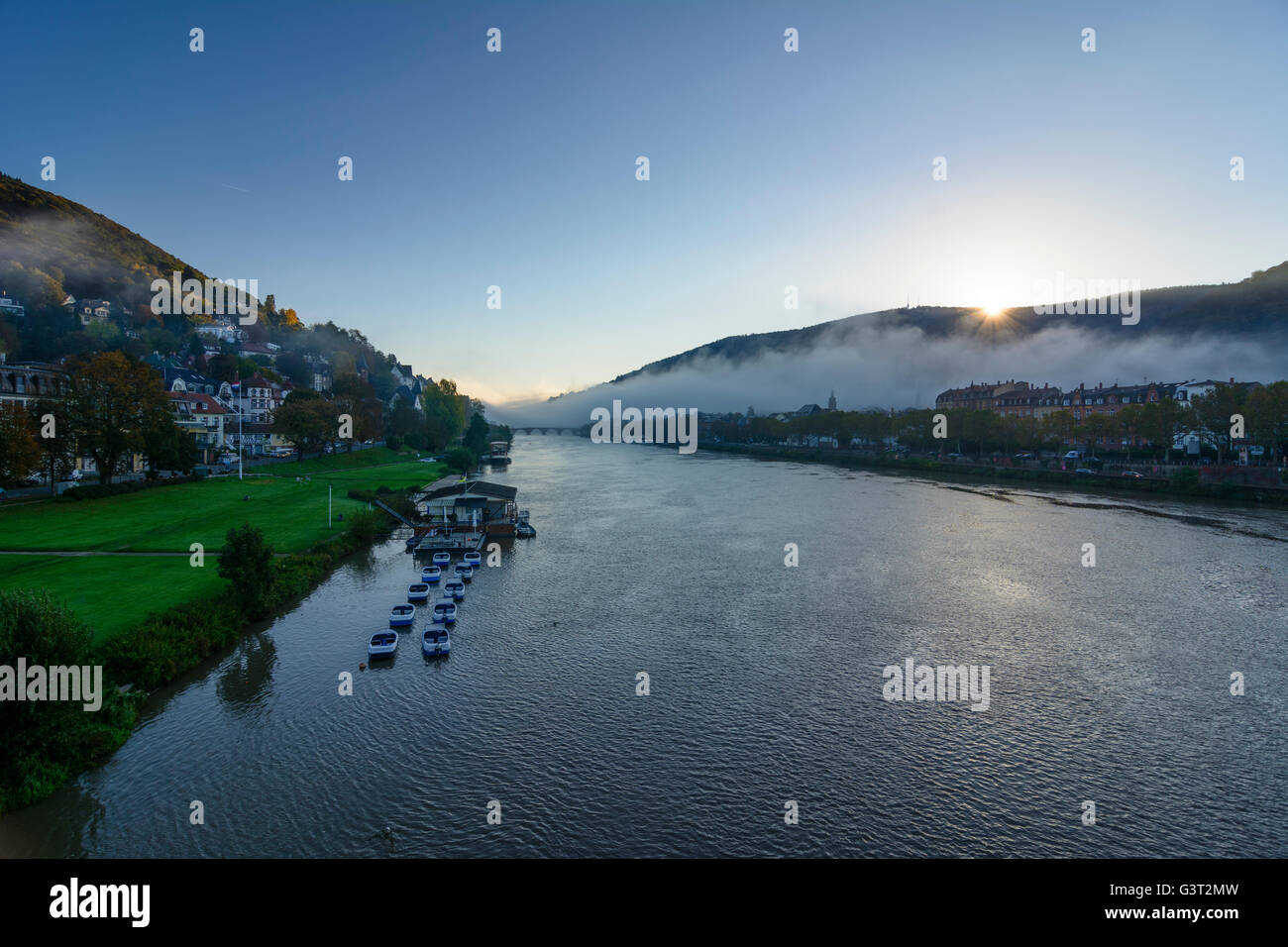 Neckar at sunrise and morning fog , look to the Old Town and to the Königsstuhl, Germany, Baden-Württemberg, Kurpfalz, Heidelber Stock Photo