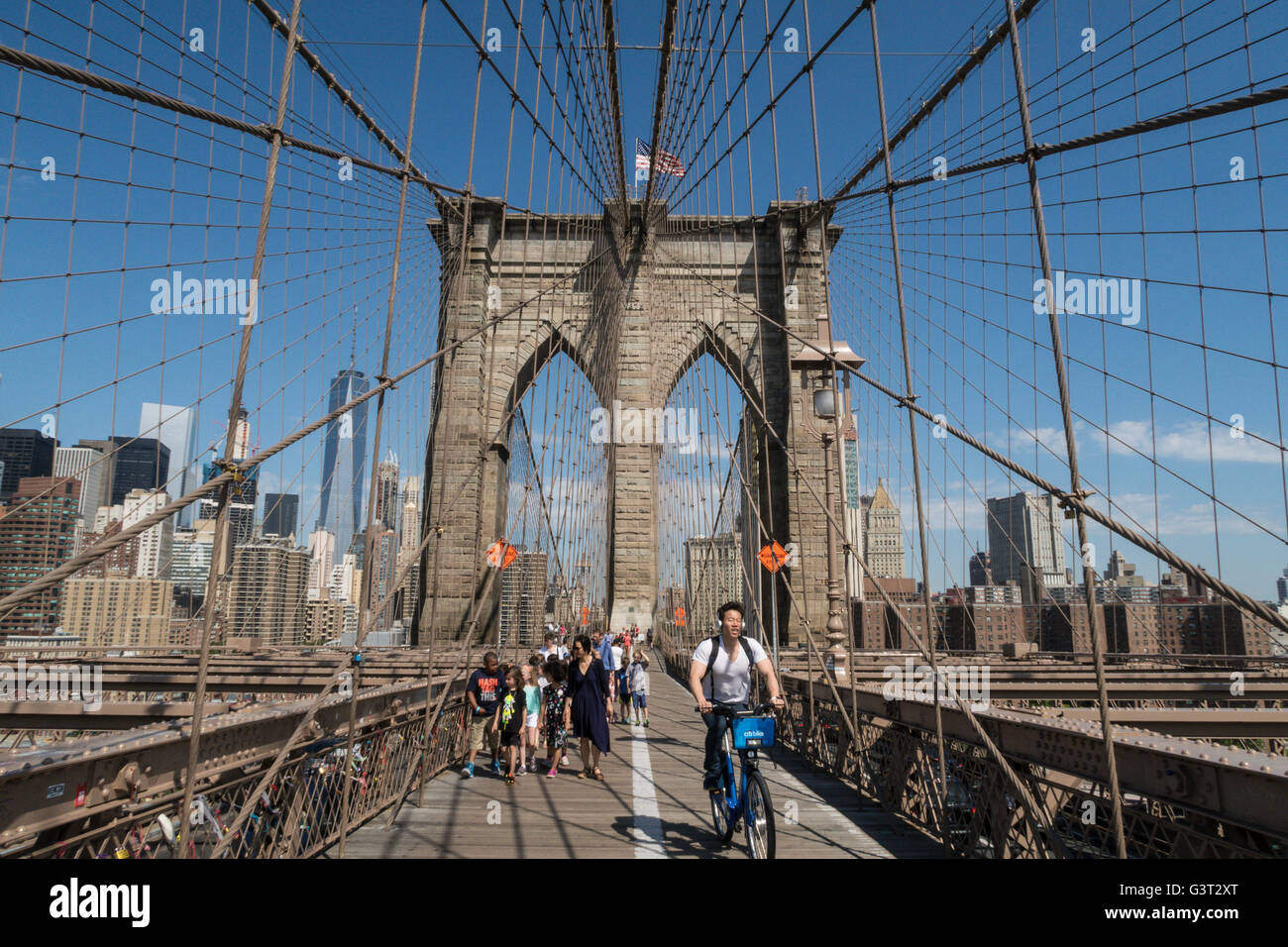 Crowds Walking and Riding on Brooklyn Bridge, NYC Stock Photo Alamy