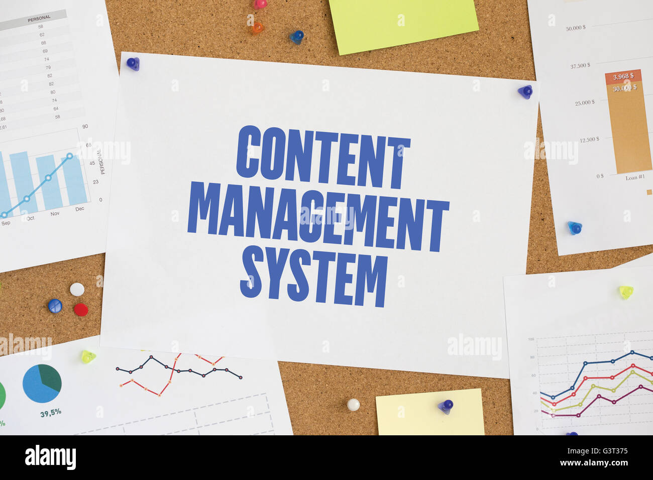 Charts and Graphs Showing the Results with CONTENT MANAGEMENT SYSTEM word written paper on corkboard Stock Photo