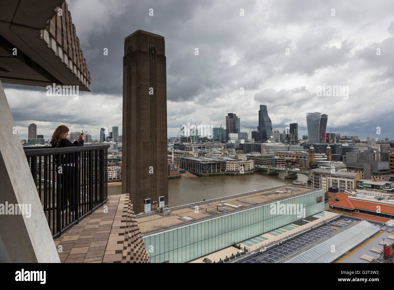 London, UK. 14 June 2016. View of the City of London skyline from the viewing terrace at the Switch House of Tate Modern. Press preview of the new Tate Modern which will open to the public this weekend. Credit:  ukartpics/Alamy Live News Stock Photo