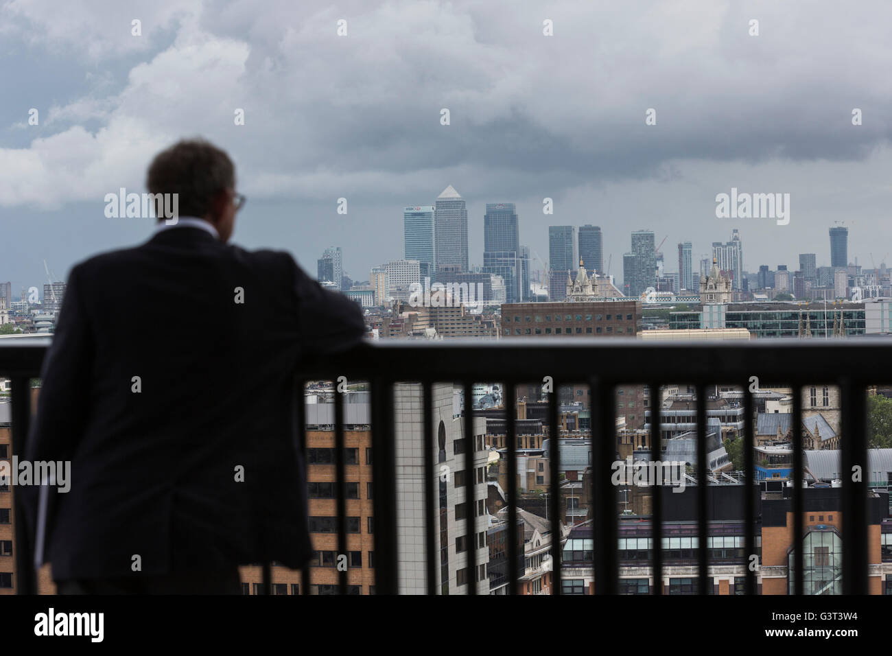 London, UK. 14 June 2016. View of the London skyline with Canary Wharf from the viewing terrace at the Switch House of Tate Modern. Press preview of the new Tate Modern which will open to the public this weekend. Credit:  ukartpics/Alamy Live News Stock Photo
