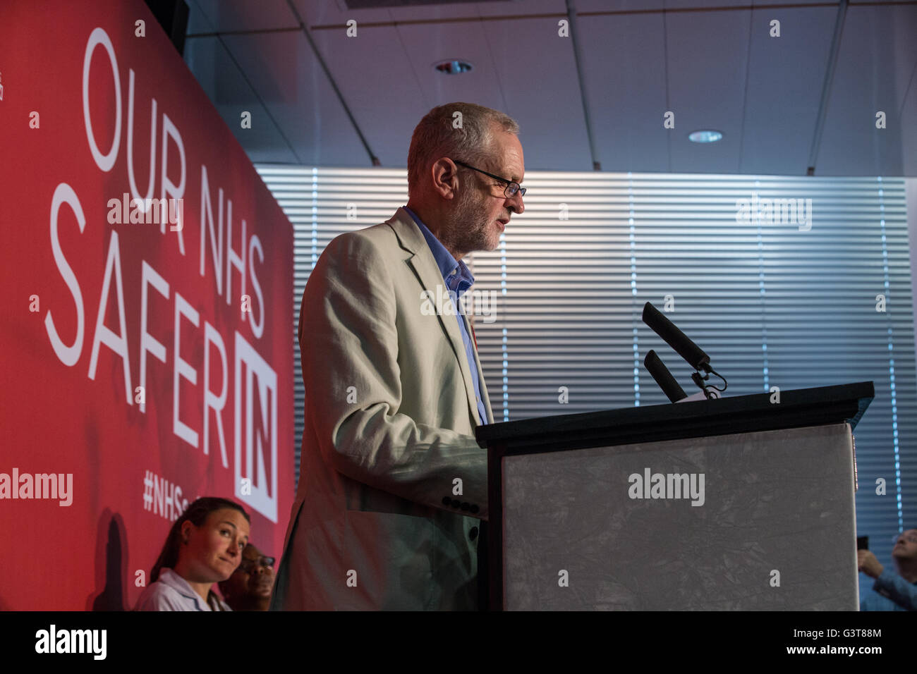 London, UK. 14th June, 2016. Jeremy Corbyn, Leader of the Labour Party and the Opposition, speaks in favour of the Vote Remain campaign at the TUC headquarters. He urged Labour supporters to vote Remain in order to ‘support, defend and protect the NHS'. Credit:  Mark Kerrison/Alamy Live News Stock Photo