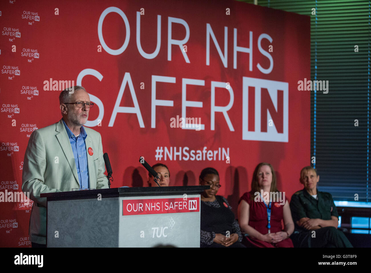 London, UK. 14th June, 2016. Jeremy Corbyn, Leader of the Labour Party and the Opposition, speaks in favour of the Vote Remain campaign at the TUC headquarters. He urged Labour supporters to vote Remain in order to ‘support, defend and protect the NHS'. Credit:  Mark Kerrison/Alamy Live News Stock Photo