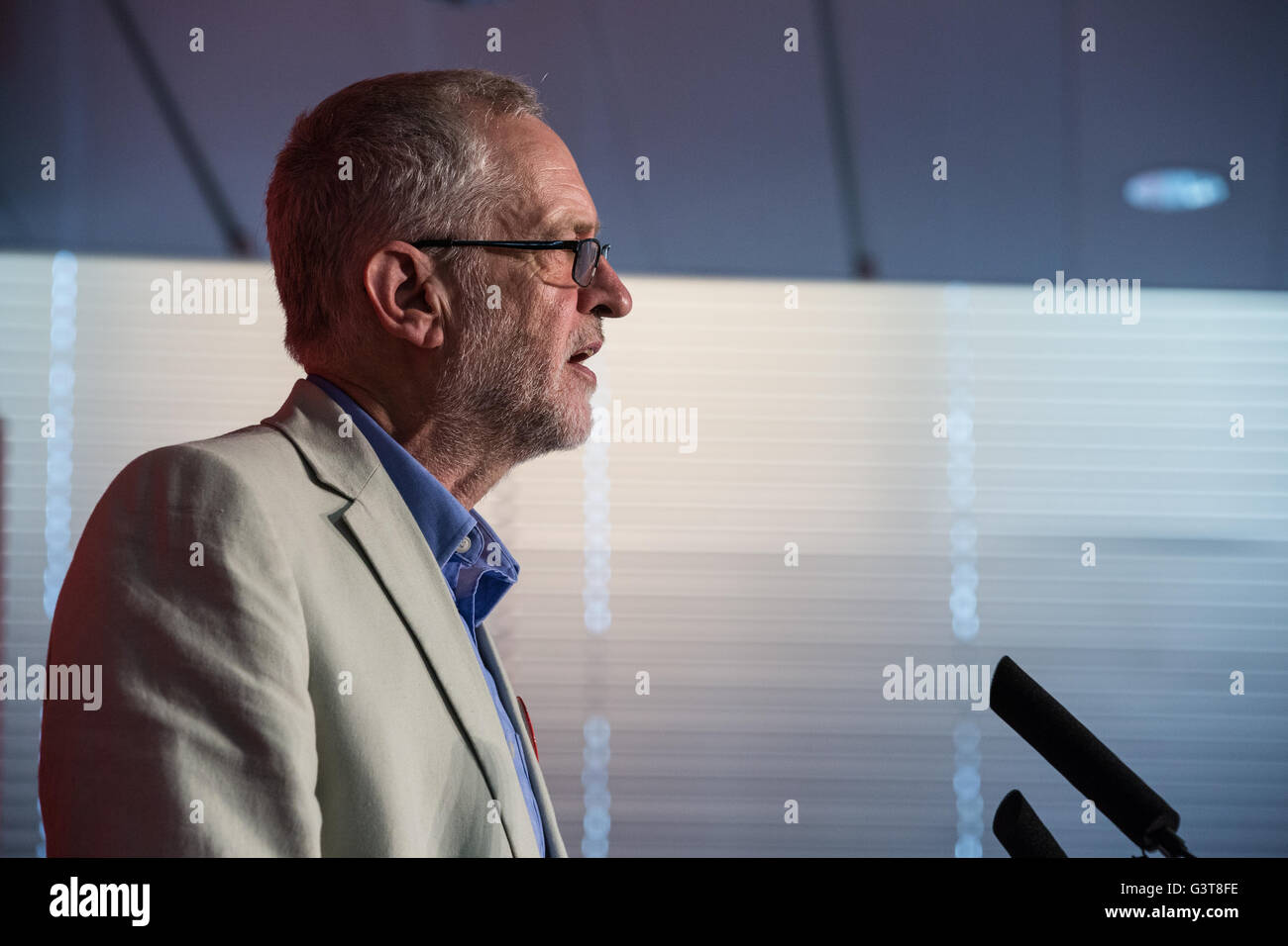 London, UK. 14th June, 2016. Jeremy Corbyn, Leader of the Labour Party and the Opposition, speaks in favour of the Vote Remain campaign at the TUC headquarters. He urged Labour supporters to vote Remain in order to ‘support, defend and protect the NHS'. Credit:  Mark Kerrison/Alamy Live News Stock Photo