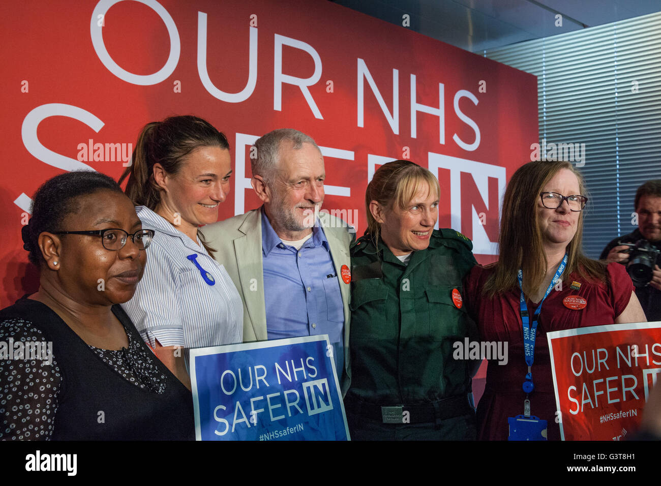 London, UK. 14th June, 2016. Jeremy Corbyn, Leader of the Labour Party and the Opposition, with health workers who spoke with him in favour of the Vote Remain campaign at the TUC headquarters. Credit:  Mark Kerrison/Alamy Live News Stock Photo