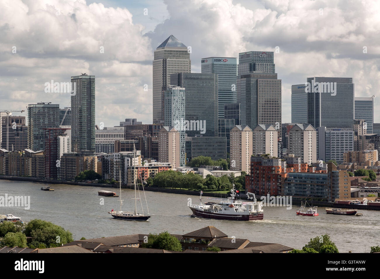 London, UK. 15th June, 2016. Flotilla of British fishermen led by UKIP leader Nigel Farage passes Canary Wharf business park buildings. The flotilla was launched early morning from Southend-on-Sea to highlight the plight of British fishermen and the continued to campaign for Britain to leave the European Union (EU) Credit:  Guy Corbishley/Alamy Live News Stock Photo