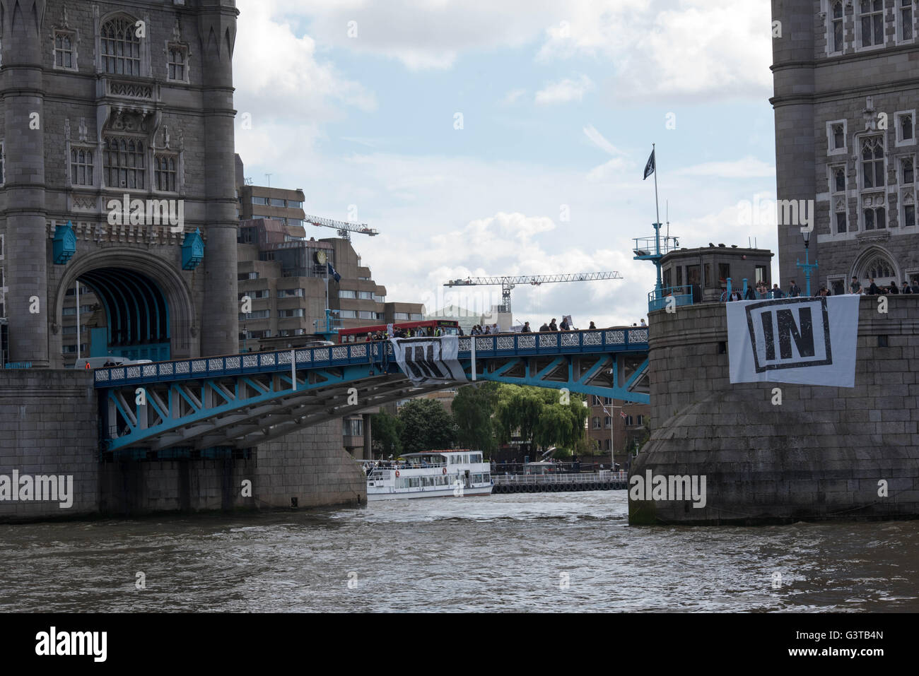 London, UK. 15th June, 2016. Remain in banners flown from Tower Bridge Credit:  Ian Davidson/Alamy Live News Stock Photo