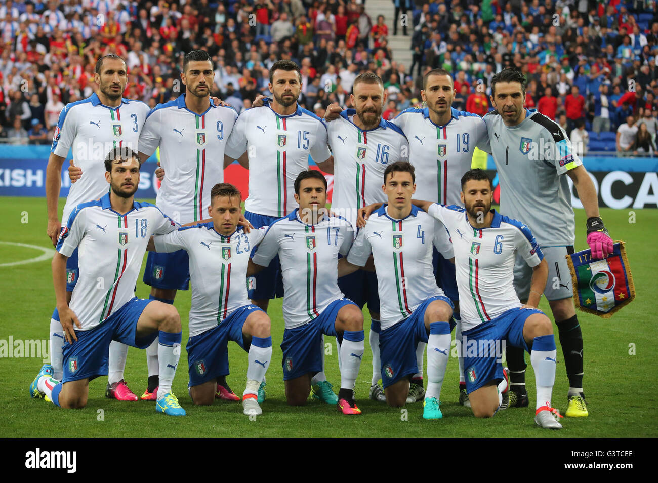 :  Italy team in football match  of Euro 2016  in France between Belgium vs Italy at the  Grand Stade Olympique Lyonnais on June 13, 2016 in Lyone. © marco iacobucci/Alamy Live News Stock Photo