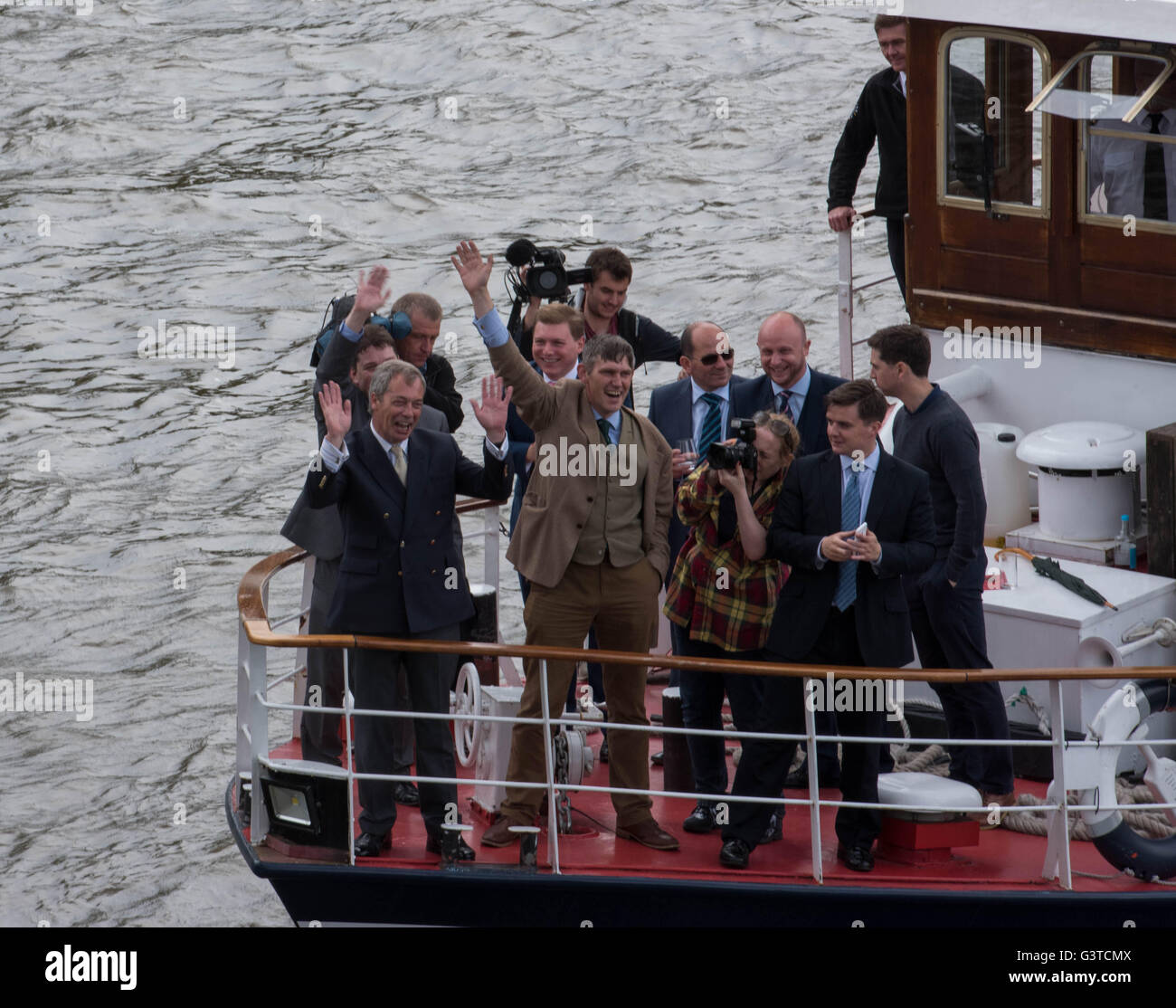 London, UK. 15th June, 2016. Fishing for leave protest of thirty ships, with Nigel Farage on board sailed up the Thames to the Houses of Parliament as a leave EU demonstration. Pictured:  Nigel Frage leaves the protest Credit:  Ian Davidson/Alamy Live News Stock Photo