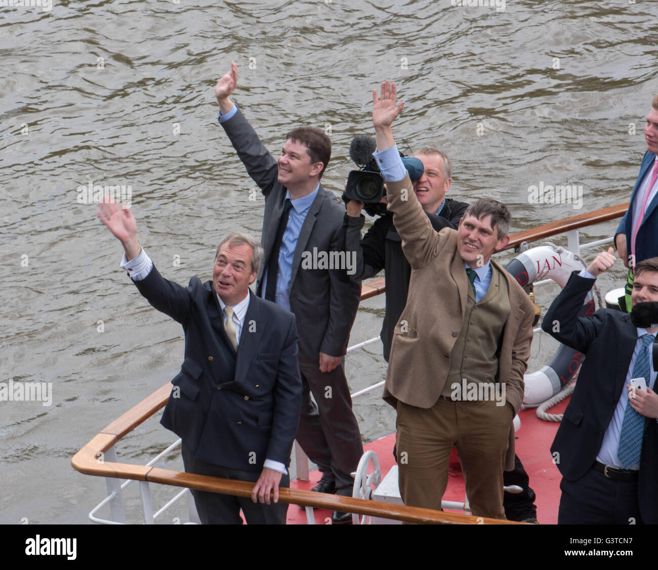 London, UK. 15th June, 2016. Fishing for leave protest of thirty ships, with Nigel Farage on board sailed up the Thames to the Houses of Parliament as a leave EU demonstration. Pictured:  Nigel Farage leaves the protest Credit:  Ian Davidson/Alamy Live News Stock Photo