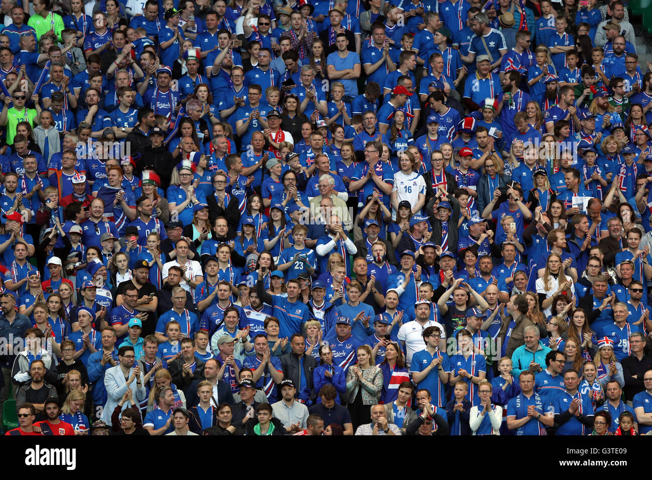 SAINT ETIENNE- FRANCE,  J UNE 2016 :  fans and supporterson the stands in football match  of Euro 2016  in France between Portugal vs Iceland at the stade geoffroy guichard on June 14, 2016 in Saint Etienne Stock Photo